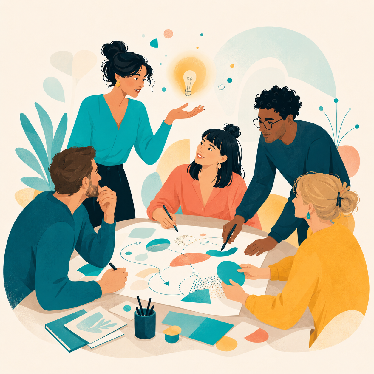 Illustration d'un groupe de personnes construisant collectivement une idée